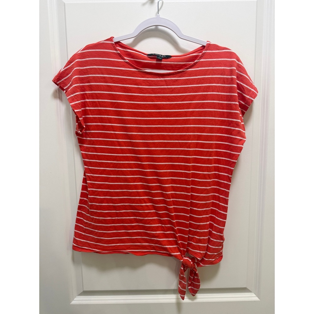Lauren Ralph Lauren Orange Red Striped Side Tie Short Sleeve Top Medium